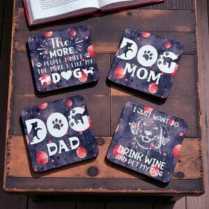 NWT Custom Absorbent Neoprene Dog Inspired Coasters Set of 4, Non-Slip Base